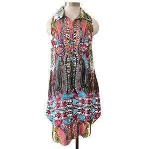BOHO CHIC Sz XS (Oversized) Sleeveless Shirt Dress Front & Back buttons Pockets